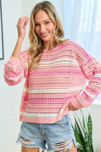 First Love Striped Long Sleeve Openwork Knit Top - Happily Ever Atchison Shop Co.