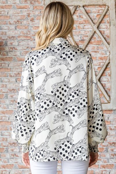 First Love Tiger Print Collared Neck Long Sleeve Satin Shirt - Happily Ever Atchison Shop Co.