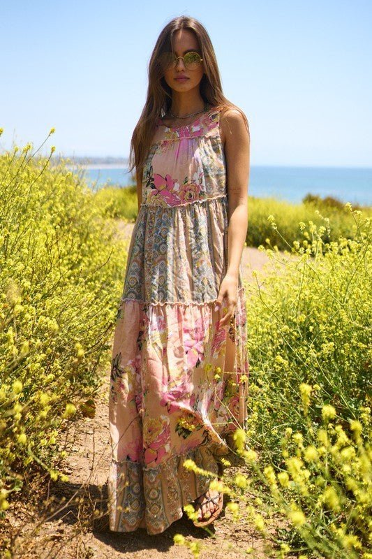 Floral Boho Stripe Mixed Full Skirt Maxi Dress - Happily Ever Atchison Shop Co.