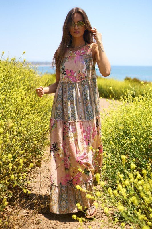 Floral Boho Stripe Mixed Full Skirt Maxi Dress - Happily Ever Atchison Shop Co.