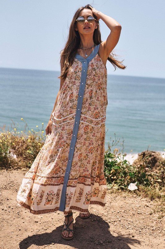 Floral Border Printed V - Neck Sleeveless Maxi Dress - Happily Ever Atchison Shop Co.