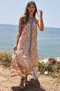 Floral Border Printed V - Neck Sleeveless Maxi Dress - Happily Ever Atchison Shop Co.