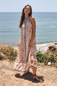 Floral Border Printed V - Neck Sleeveless Maxi Dress - Happily Ever Atchison Shop Co.