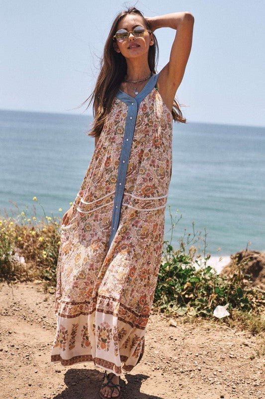 Floral Border Printed V - Neck Sleeveless Maxi Dress - Happily Ever Atchison Shop Co.