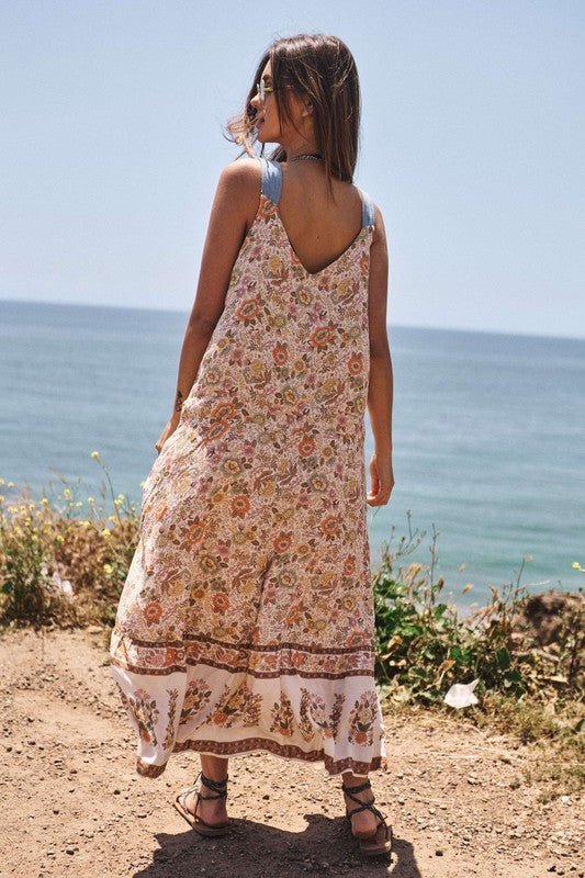 Floral Border Printed V - Neck Sleeveless Maxi Dress - Happily Ever Atchison Shop Co.
