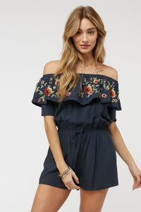 Floral Embroidered Off Shoulder Romper - Happily Ever Atchison Shop Co.