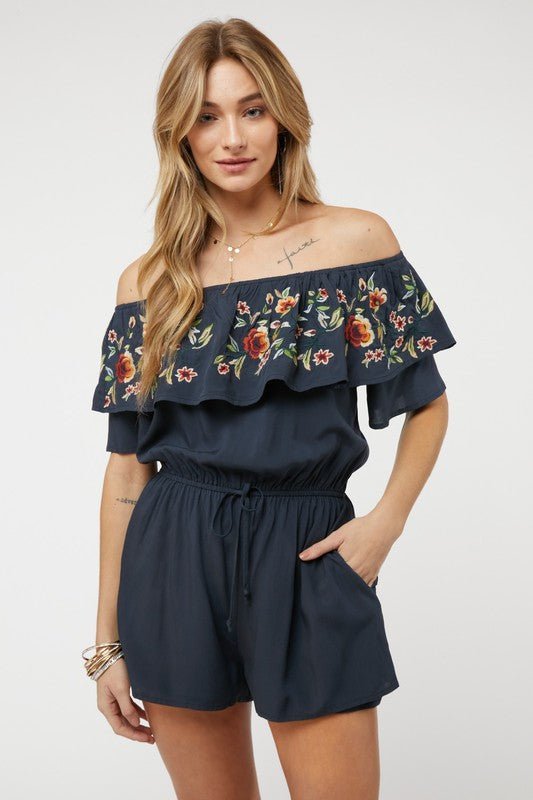 Floral Embroidered Off Shoulder Romper - Happily Ever Atchison Shop Co.