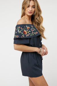 Floral Embroidered Off Shoulder Romper - Happily Ever Atchison Shop Co.