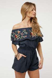 Floral Embroidered Off Shoulder Romper - Happily Ever Atchison Shop Co.