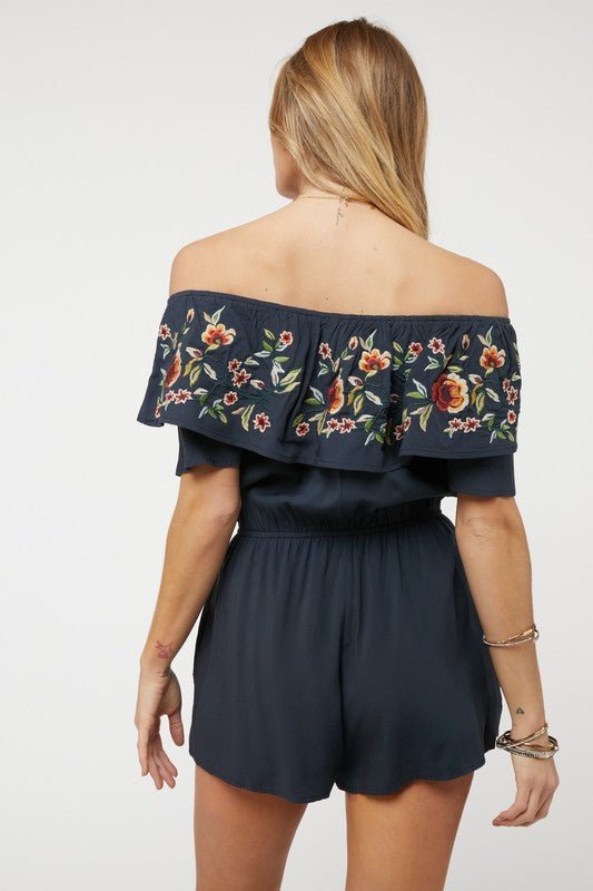 Floral Embroidered Off Shoulder Romper - Happily Ever Atchison Shop Co.