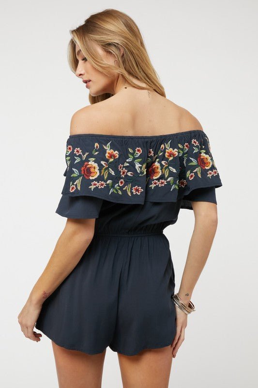 Floral Embroidered Off Shoulder Romper - Happily Ever Atchison Shop Co.