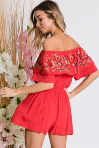 Floral Embroidered Off Shoulder Romper - Happily Ever Atchison Shop Co.