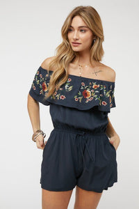 Floral Embroidered Off Shoulder Romper - Happily Ever Atchison Shop Co.