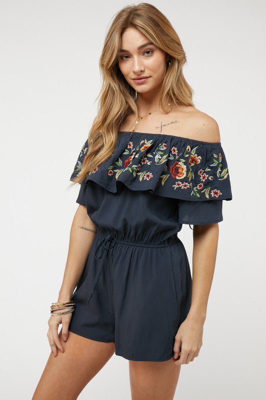 Floral Embroidered Off Shoulder Romper - Happily Ever Atchison Shop Co.