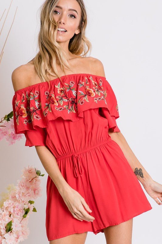 Floral Embroidered Off Shoulder Romper - Happily Ever Atchison Shop Co.