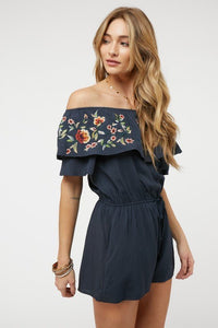 Floral Embroidered Off Shoulder Romper - Happily Ever Atchison Shop Co.