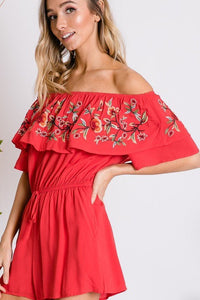 Floral Embroidered Off Shoulder Romper - Happily Ever Atchison Shop Co.