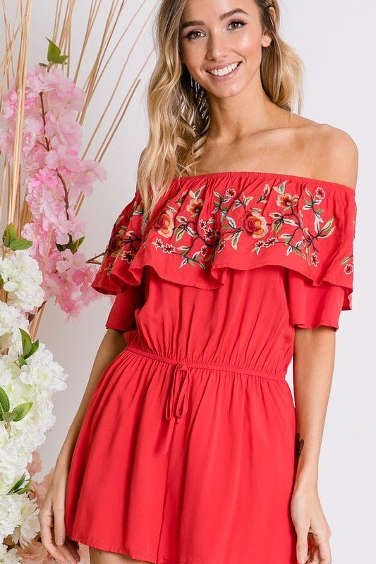 Floral Embroidered Off Shoulder Romper - Happily Ever Atchison Shop Co.