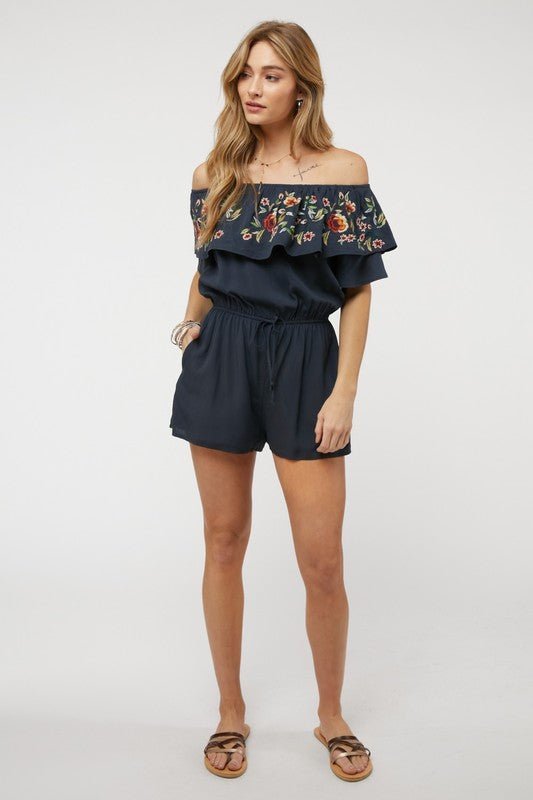 Floral Embroidered Off Shoulder Romper - Happily Ever Atchison Shop Co.