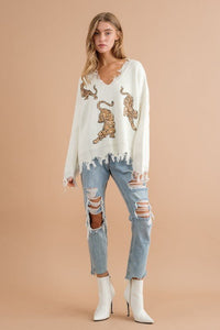 Frayed Edge Sequin Tiger Sweater - Happily Ever Atchison Shop Co.