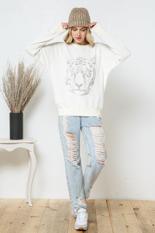 French Terry Tiger Studded Star Graphic Sweatshirt - Happily Ever Atchison Shop Co.