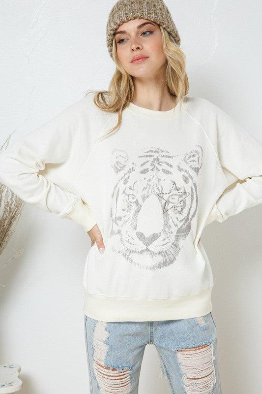 French Terry Tiger Studded Star Graphic Sweatshirt - Happily Ever Atchison Shop Co.