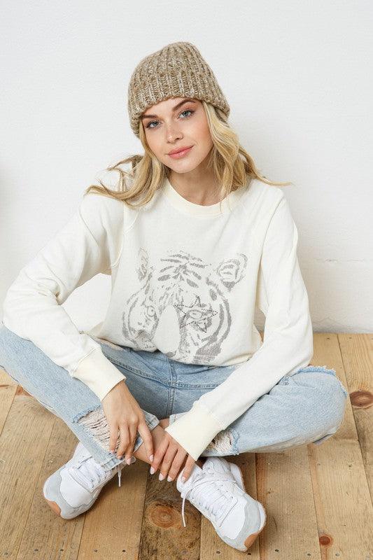 French Terry Tiger Studded Star Graphic Sweatshirt - Happily Ever Atchison Shop Co.