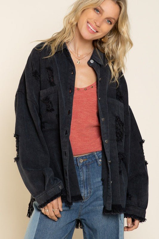 Fringe Distressed Oversized Jacket - Happily Ever Atchison Shop Co.