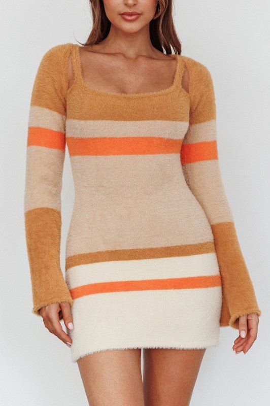 Fuzzy Knit Long Sleeved Multi Stripe Mini Dress - Happily Ever Atchison Shop Co.