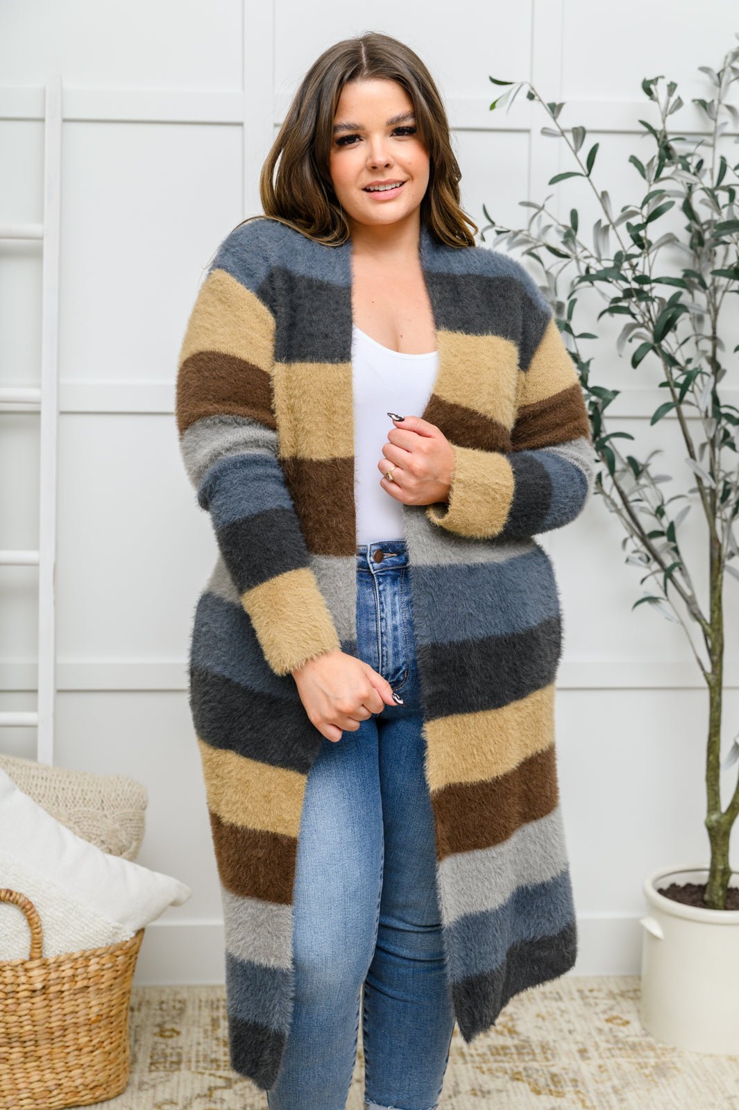 Fuzzy Longline Cardigan In Blue & Cocoa - Happily Ever Atchison Shop Co.