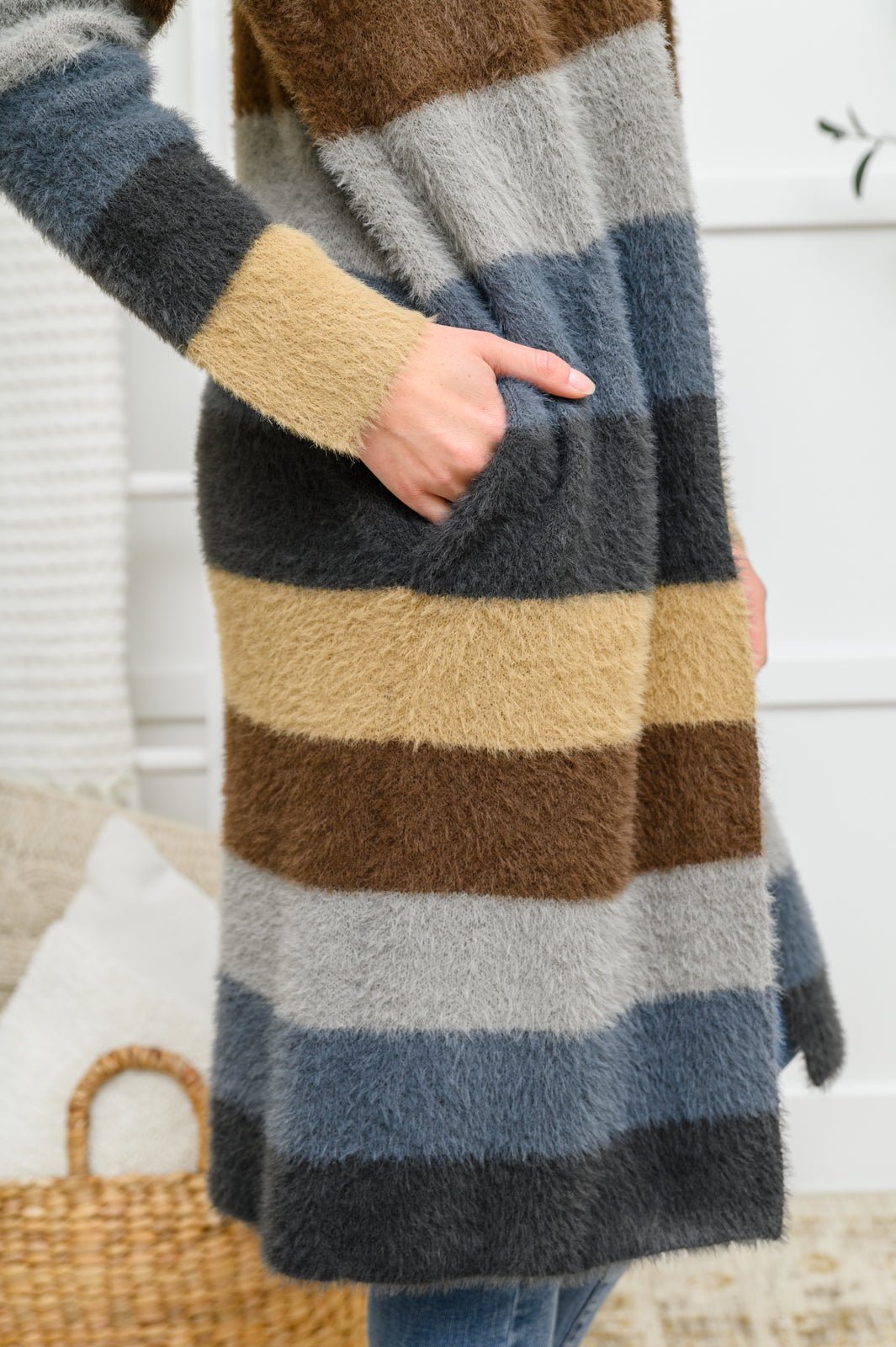 Fuzzy Longline Cardigan In Blue & Cocoa - Happily Ever Atchison Shop Co.