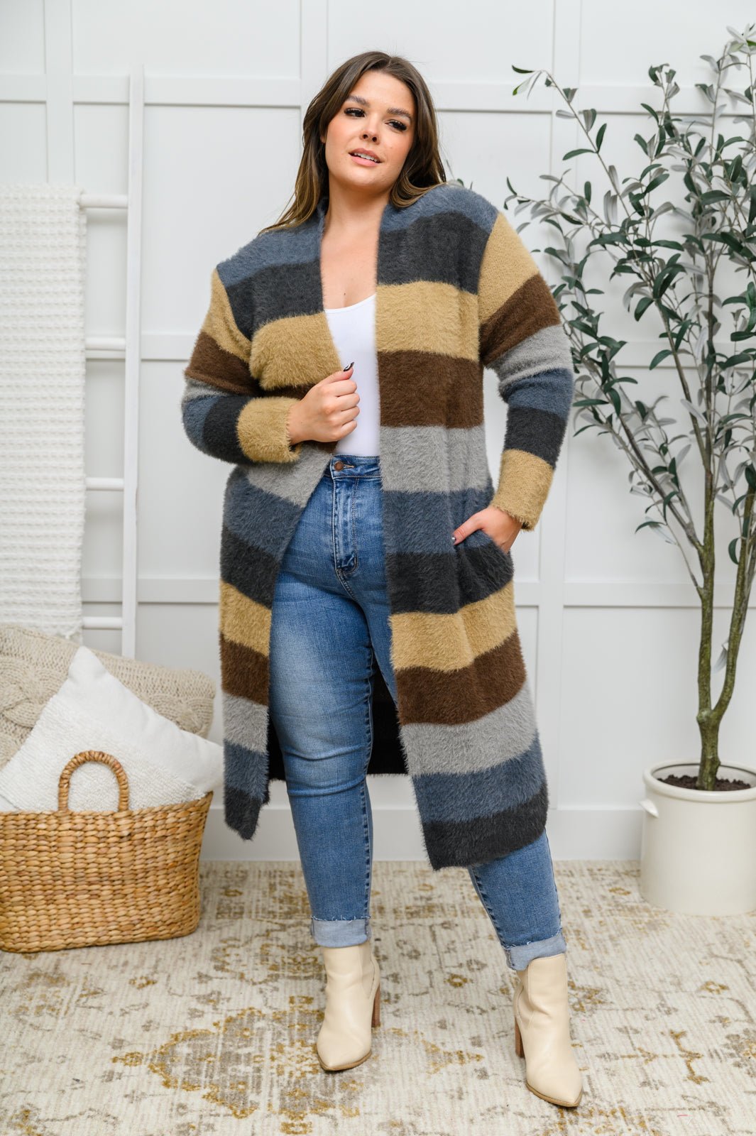 Fuzzy Longline Cardigan In Blue & Cocoa - Happily Ever Atchison Shop Co.