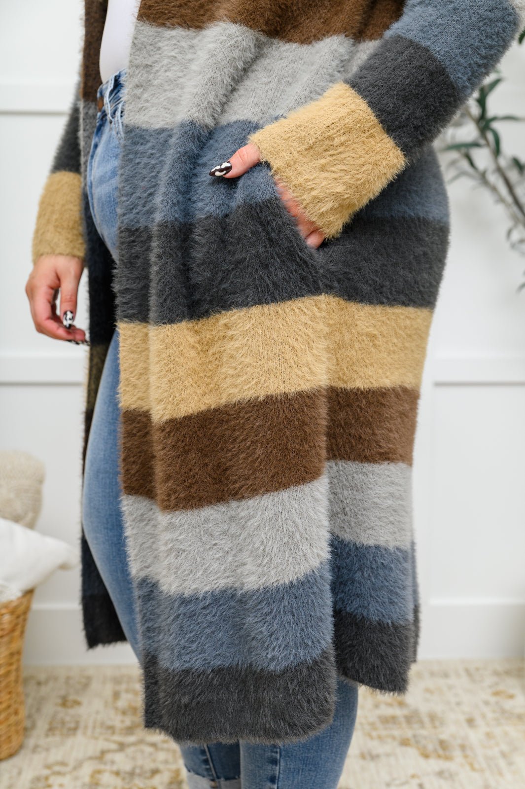 Fuzzy Longline Cardigan In Blue & Cocoa - Happily Ever Atchison Shop Co.