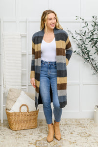 Fuzzy Longline Cardigan In Blue & Cocoa - Happily Ever Atchison Shop Co.