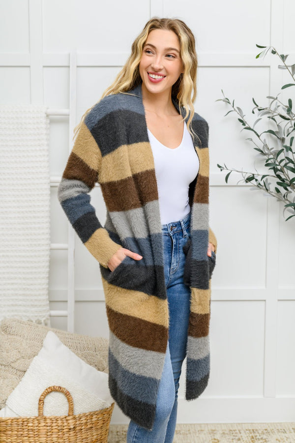 Fuzzy Longline Cardigan In Blue & Cocoa - Happily Ever Atchison Shop Co.