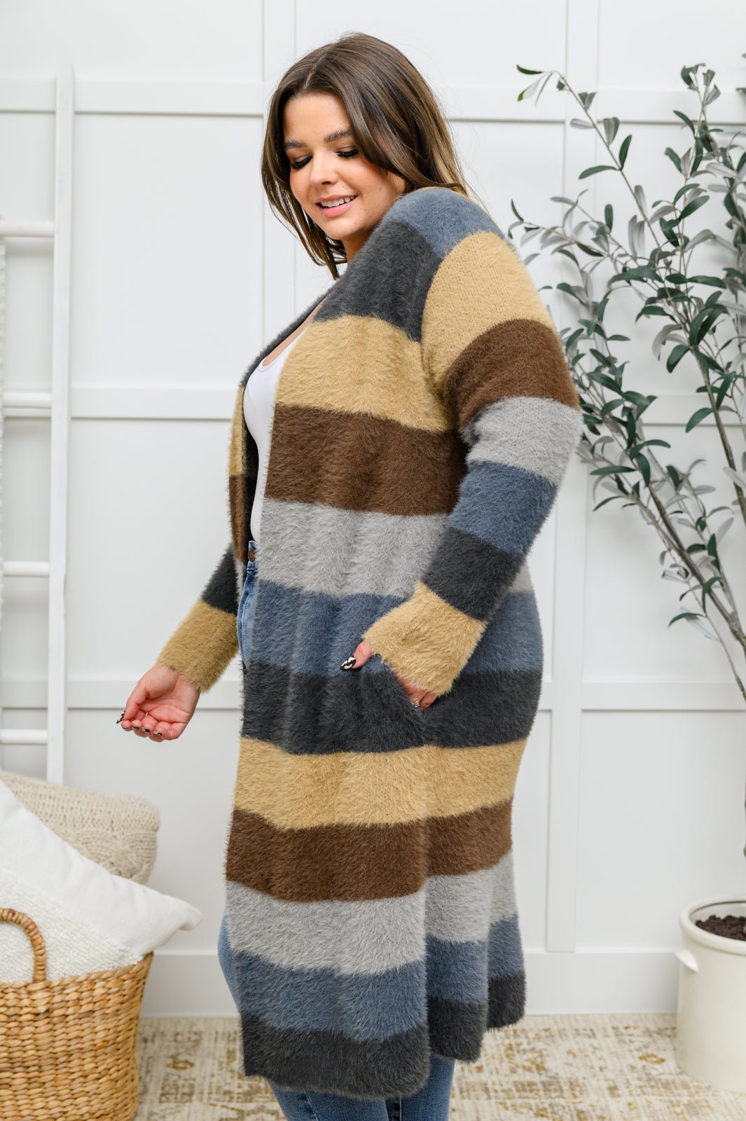 Fuzzy Longline Cardigan In Blue & Cocoa - Happily Ever Atchison Shop Co.