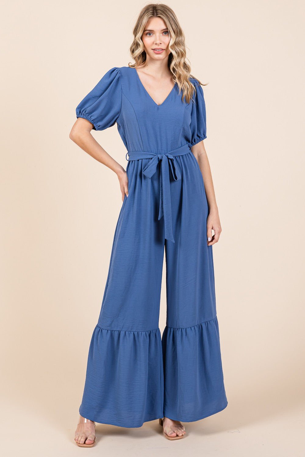 GeeGee Full Size V - Neck Belted Wide Leg Jumpsuit - Happily Ever Atchison Shop Co.