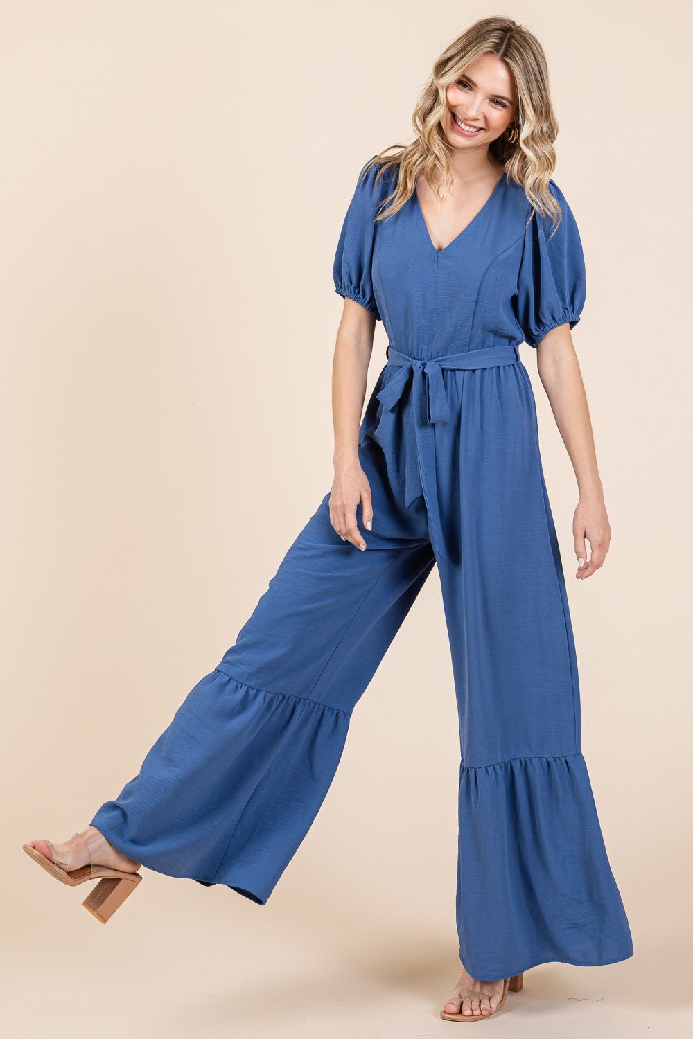 GeeGee Full Size V - Neck Belted Wide Leg Jumpsuit - Happily Ever Atchison Shop Co.