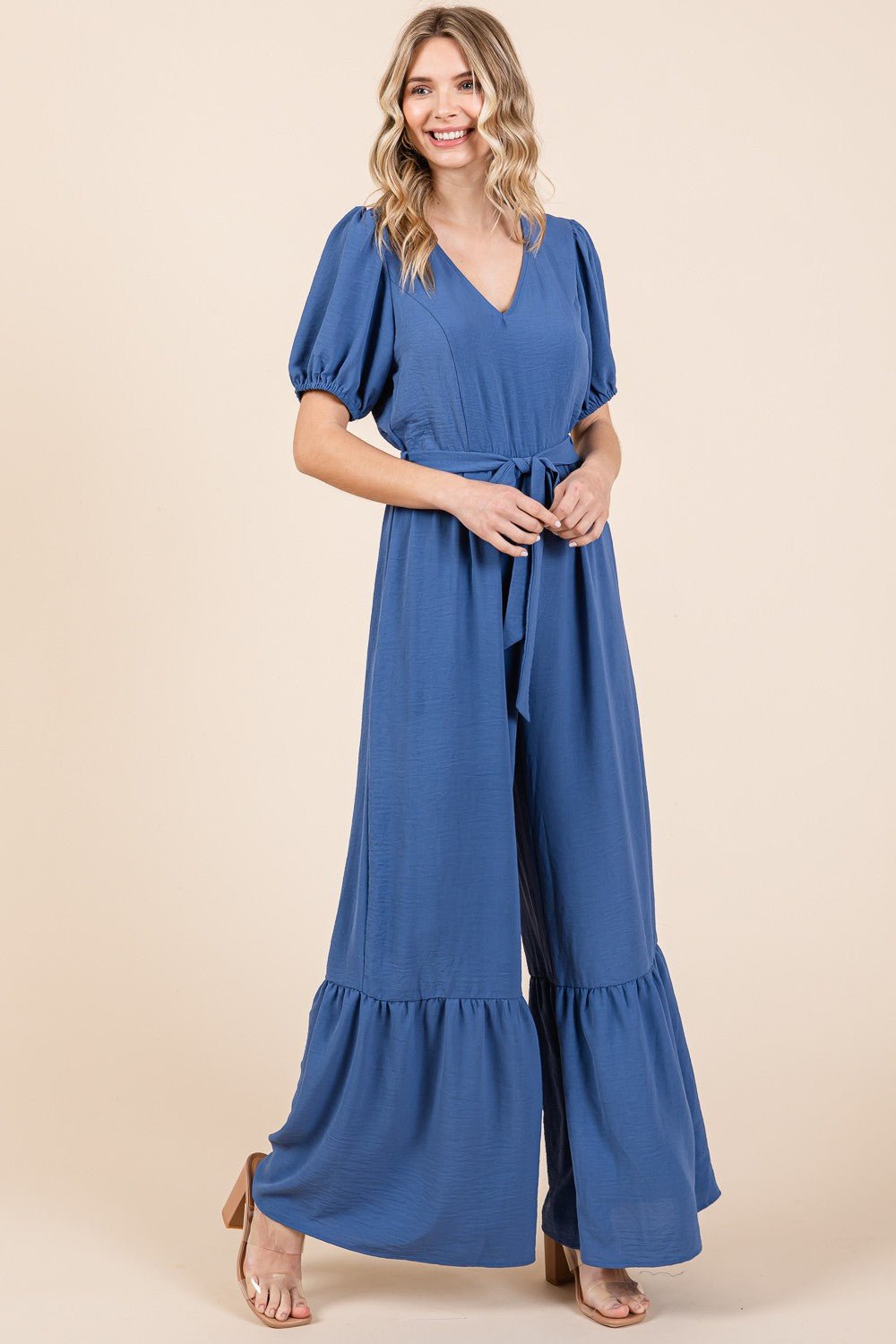 GeeGee Full Size V - Neck Belted Wide Leg Jumpsuit - Happily Ever Atchison Shop Co.