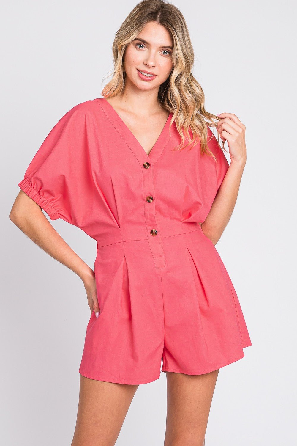 GeeGee Half Button V - Neck Linen Romper - Happily Ever Atchison Shop Co.