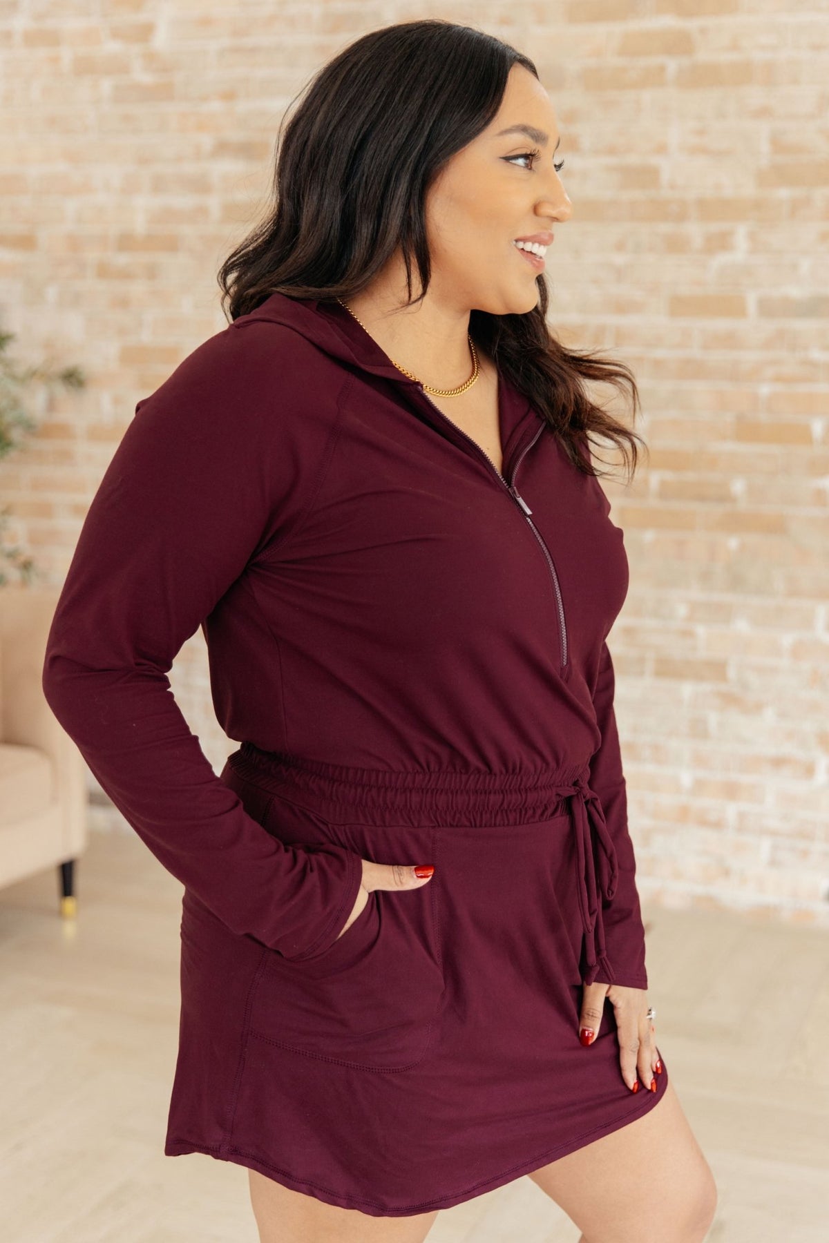 Getting Out Long Sleeve Hoodie Romper in Maroon - Happily Ever Atchison Shop Co.