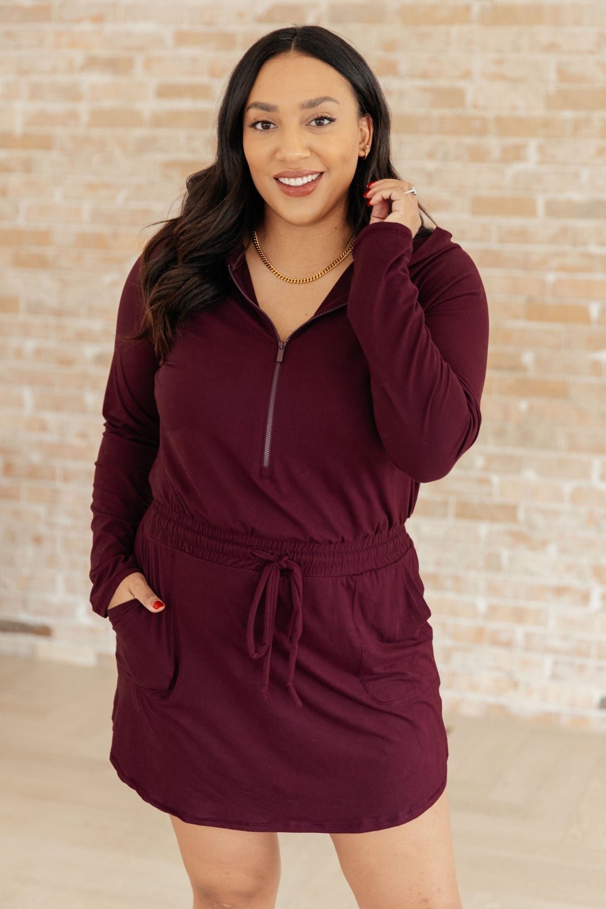 Getting Out Long Sleeve Hoodie Romper in Maroon - Happily Ever Atchison Shop Co.