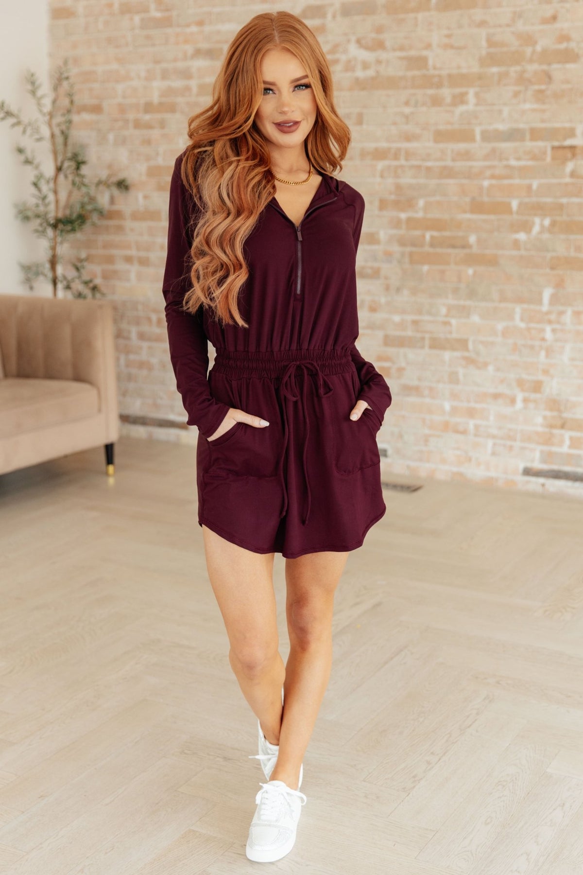 Getting Out Long Sleeve Hoodie Romper in Maroon - Happily Ever Atchison Shop Co.