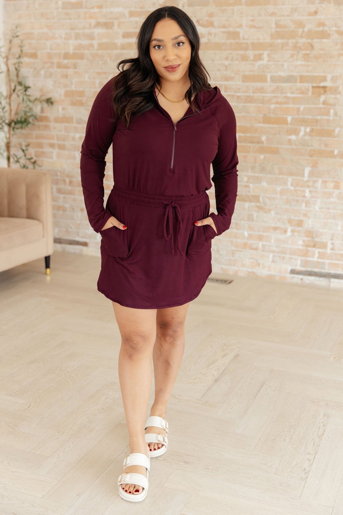 Getting Out Long Sleeve Hoodie Romper in Maroon - Happily Ever Atchison Shop Co.