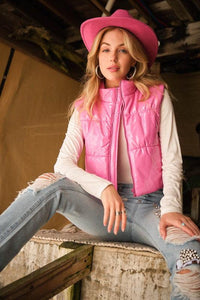 Gloss Shiny PU Quilted Puffer Zip Up Crop Vest - Happily Ever Atchison Shop Co.