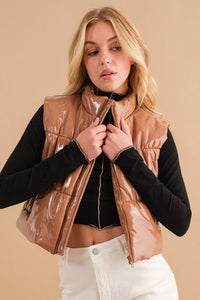 Gloss Shiny PU Quilted Puffer Zip Up Crop Vest - Happily Ever Atchison Shop Co.