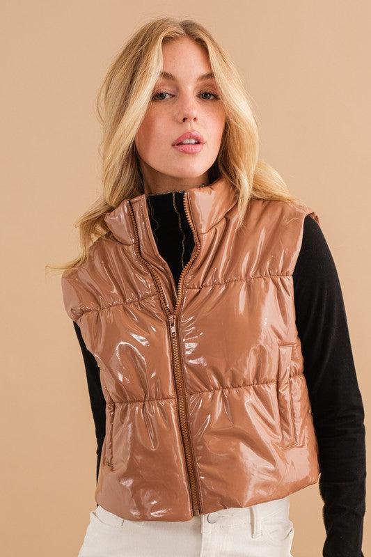 Gloss Shiny PU Quilted Puffer Zip Up Crop Vest - Happily Ever Atchison Shop Co.