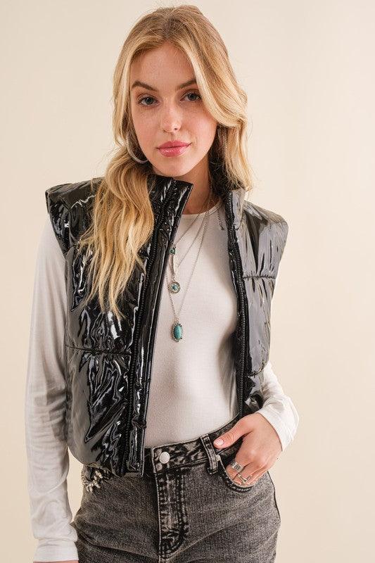 Gloss Shiny PU Quilted Puffer Zip Up Crop Vest - Happily Ever Atchison Shop Co.