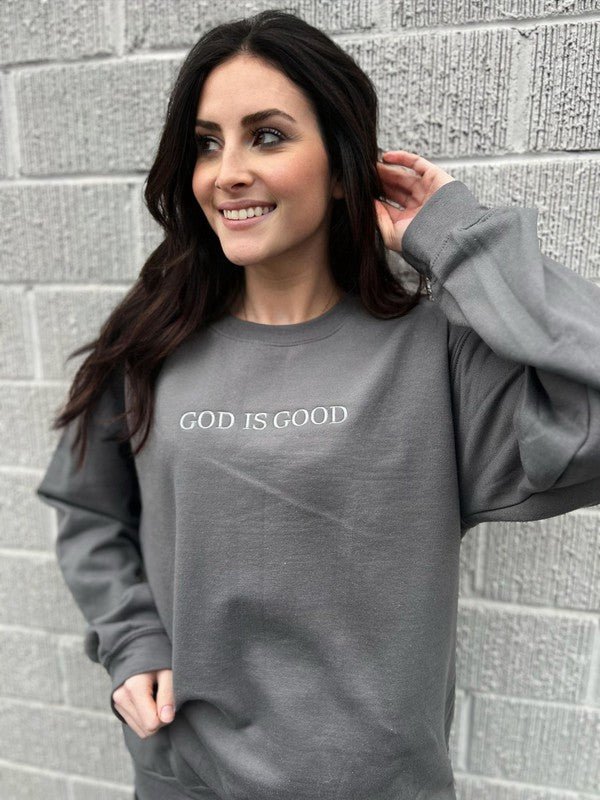 God Is Good Embroidered Sweatshirt - Happily Ever Atchison Shop Co.