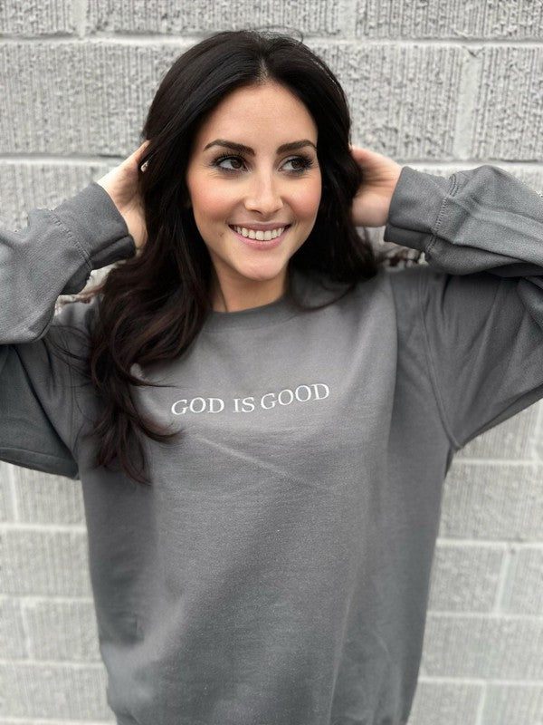 God Is Good Embroidered Sweatshirt - Happily Ever Atchison Shop Co.